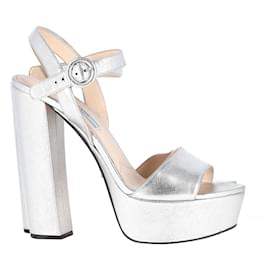 Prada-Prada Block-Heel Platform Sandals in Silver Saffiano Leather-Silvery,Metallic