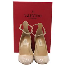 Valentino-Valentino Tango Block Heel Ankle Strap Pumps in Beige Patent Leather-Beige
