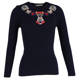 Mary Katrantzou besticktes Langarm-Top aus marineblauer Wolle Blau
