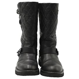 Chanel-Chanel Quilted Tweed Insert Motorcycle Boots in Black Leather-Black