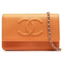 Chanel-Chanel Caviar Skin Coco Mark Chain Wallet Shoulder Bag in Great Condition-Orange