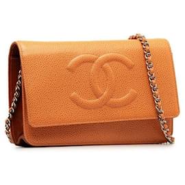 Chanel-Chanel Caviar Skin Coco Mark Chain Wallet Shoulder Bag in Great Condition-Orange