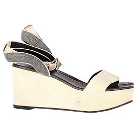 Brunello Cucinelli Embellished Wedge Sandals in Cream Leather White Cream