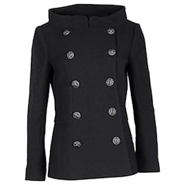 Chanel-Abrigo con cuello barco y botonadura forrada Chanel en lana negra-Negro