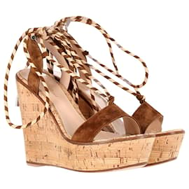 Gianvito Rossi-Gianvito Rossi Lace-Up Cork Wedge Sandals in Brown Suede-Brown
