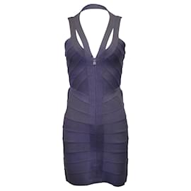 Herve Leger-Herve Leger Abito fasciatura con zip frontale in rayon blu navy-Blu