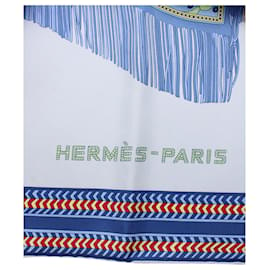 Hermès-Hermès Selle Des Steppes Foulard 90 en soie bleue-Bleu
