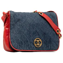 Chanel-Chanel Blue CC Quilted Denim Flap-Red,Blue