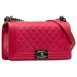 Chanel-Chanel Aba de menino média em pele de cordeiro rosa-Rosa