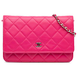 Chanel-Portafoglio Chanel in pelle di agnello trapuntata rosa CC su catena-Rosa