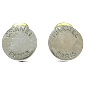 Chanel-Chanel Silver Round Logo Clip On Earrings-Silvery