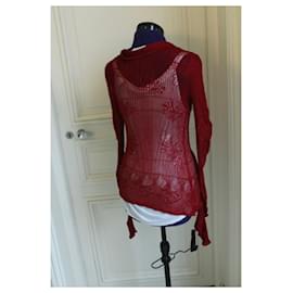 Christian Dior-Cardigan rosso semitrasparente Dior di John Galliano SS01, realizzato a mano in pizzo floreale.-Rosso