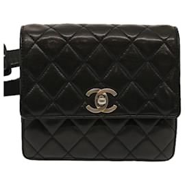 Chanel-CHANEL Matelasse Turn Lock Waist bag Lamb Skin Black CC Auth yk11590-Black