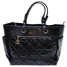 Chanel-CHANEL Paris Biarritz MM Tote Bag Coated Canvas Black CC Auth bs12950-Black