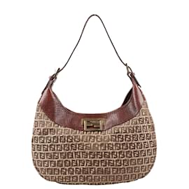Fendi-The Fendi Zucchino Canvas Leather Shoulder Bag in Beige (8BR552)-Brown