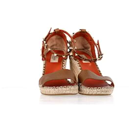 Valentino Garavani-Valentino Rockstud Ankle Strap Wedge Sandals in Brown Leather-Brown