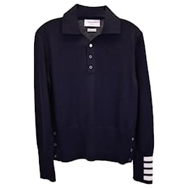 Thom Browne-Thom Browne Long Sleeve Polo w/ 4 Bar Cuff in Navy Merino Wool -Blue