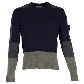 Stone Island Colorblock-Pullover mit Rundhalsausschnitt aus marineblauer Wolle Blau Marineblau