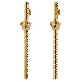 Versace-Versace La Medusa Greca Asymmetric Gold Tone Drop Earrings-Metallic