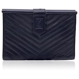 Yves Saint Laurent-Vintage Black V Quilted Leather Clutch Bag Handbag-Black