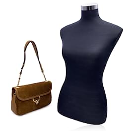 Gucci-Bolsa de ombro vintage em camurça marrom claro e couro com aba-Marrom