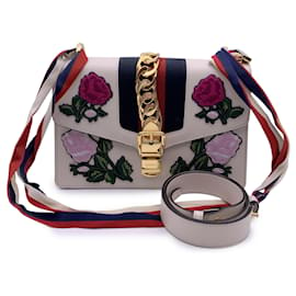 Gucci-White Leather Embroidered Patches Sylvie Small Shoulder Bag-White