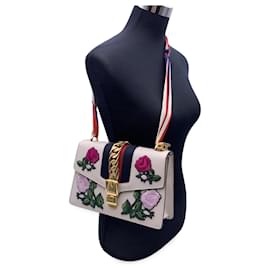 Gucci-White Leather Embroidered Patches Sylvie Small Shoulder Bag-White