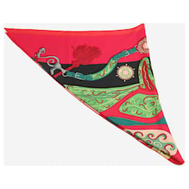 Hermès-Foulard triangle en soie rose et vert-Rose