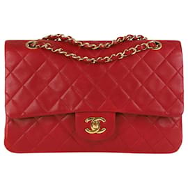 Chanel-Vintage de pele de cordeiro vermelha média 1989-1991 aba forrada clássica-Vermelho