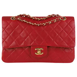 Chanel-Cuir d'agneau medium rouge vintage 1989-1991 rabat doublé classique-Rouge