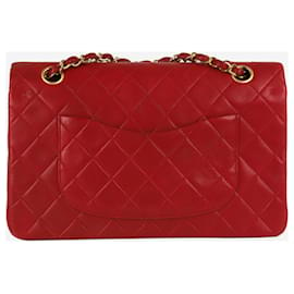 Chanel-Vintage de pele de cordeiro vermelha média 1989-1991 aba forrada clássica-Vermelho