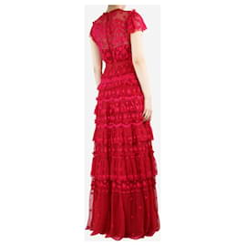 Needle & Thread-Red floral-embroidered mesh tiered maxi dress - size UK 10-Red