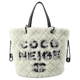 Chanel-Cabas Coco Neige en peau de mouton blanc Chanel-Noir,Blanc
