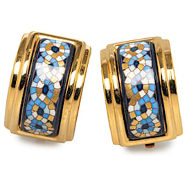 Hermès-Hermès Gold Cloisonne Enamel Clip On Earrings-Blue,Golden