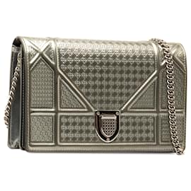 Dior-Dior Silver Baby Patent Microcannage Diorama Wallet on Chain-Silvery