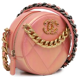 Chanel-Chanel Rosa 19 Clutch redonda de pele de cordeiro com corrente-Rosa