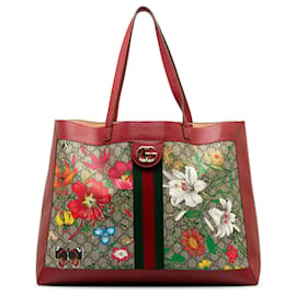 Gucci-Gucci Brown Medium GG Supreme Flora Ophidia Tote Bag-Brown,Other