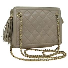 Chanel-CHANEL Bolsa de Ombro com Corrente Matelassê Couro Bege CC Auth 70254-Bege