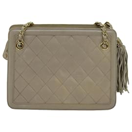 Chanel-CHANEL Bolsa de Ombro com Corrente Matelassê Couro Bege CC Auth 70254-Bege