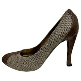Bottega Veneta-Zapatos de tacón de tweed beige y marrón y piel de cocodrilo.-Castaño,Beige