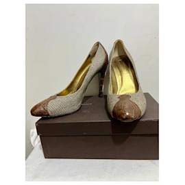 Bottega Veneta-Beige und braune Tweed- und Krokodilleder-Pumps-Braun,Beige