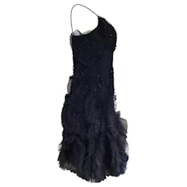 Autre Marque-Jenny Packham Catwalk Black Crystal Embellished Rosette Detail Sleeveless Mesh Tulle Dress-Black