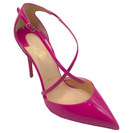 Autre Marque-Christian Louboutin Fuchsia Pointed Toe Patent Leather Cross Strap Pumps-Pink