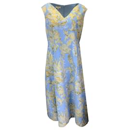Autre Marque-Lafayette 148 New York Blue / Gold Floral Printed Sleeveless V-Neck Flared Dress-Blue