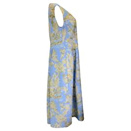 Autre Marque-Lafayette 148 New York Blue / Gold Floral Printed Sleeveless V-Neck Flared Dress-Blue