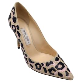 Autre Marque-Jimmy Choo Natural / rosado / Romy negro 100 Zapatos de tacón de rafia tejida con punta en punta y motivo de leopardo-Multicolor