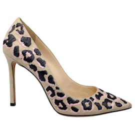 Autre Marque-Jimmy Choo Natural / rosado / Romy negro 100 Zapatos de tacón de rafia tejida con punta en punta y motivo de leopardo-Multicolor