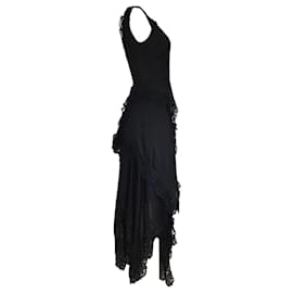 Autre Marque-Oscar de la Renta Black Lace Trimmed Asymmetric Hem Sleeveless Silk Midi Dress-Black