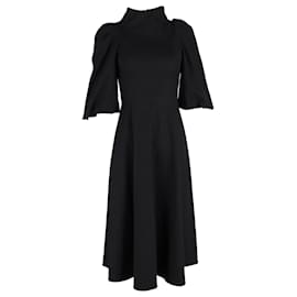 Autre Marque-Vestido Midi Madrepérola Sofia Manga Bufante em Algodão Preto-Preto