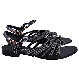 Chanel 2015 Tweed Chain-Link Sandals in Black Leather Black